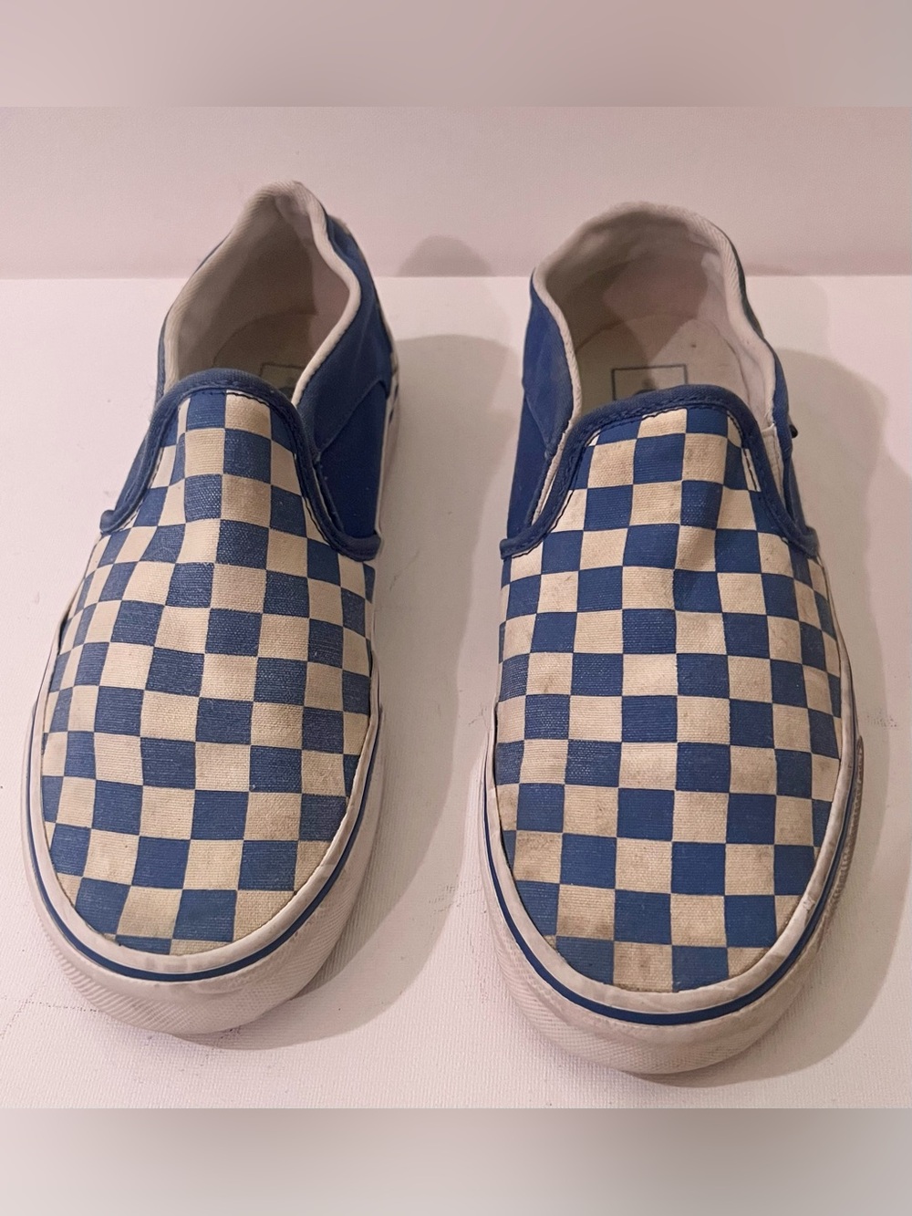 Woman’s Used Slip-On Checkerboard Canvas Sneakers in Blue and White